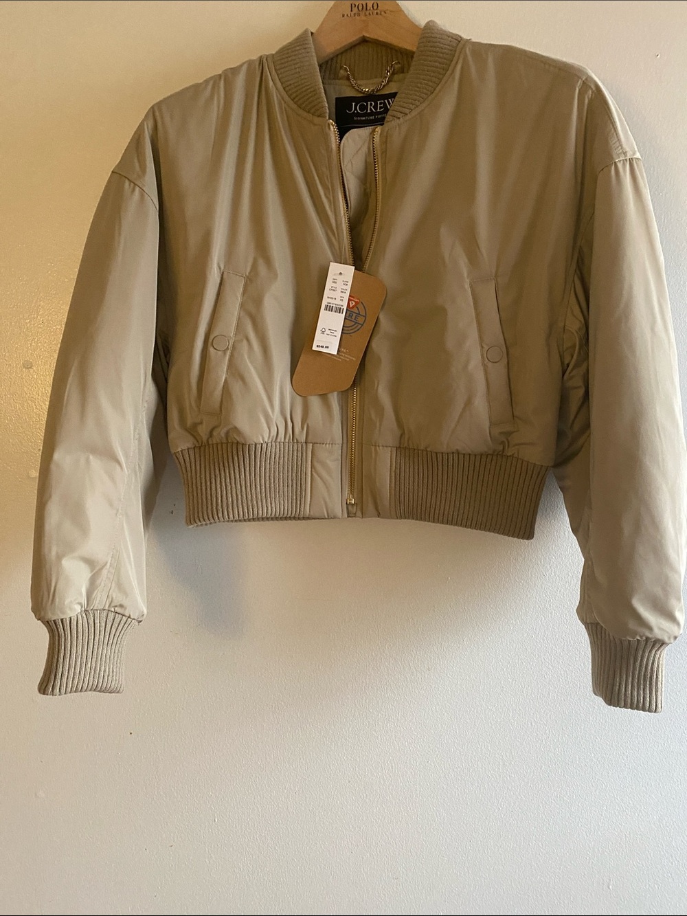 J. Crew Cropped Bomber Jacket in Taupe